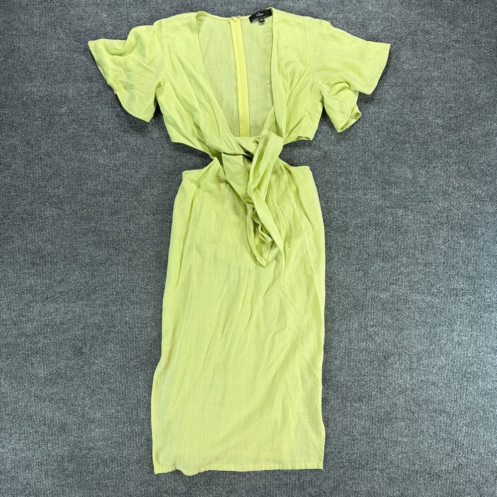 Lulus Lime Green Linen Blend Cutout Tie-Front Midi Dress Autumn Wedding Guest Sm